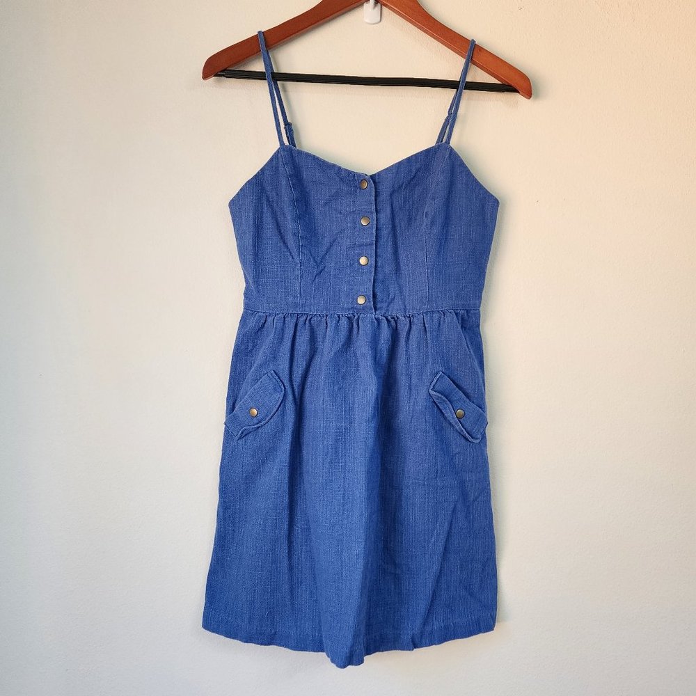 Cope, Women Top Sleeveless Blouse, S, Chambray, Adjusted Strap, Linen Blend, Blu